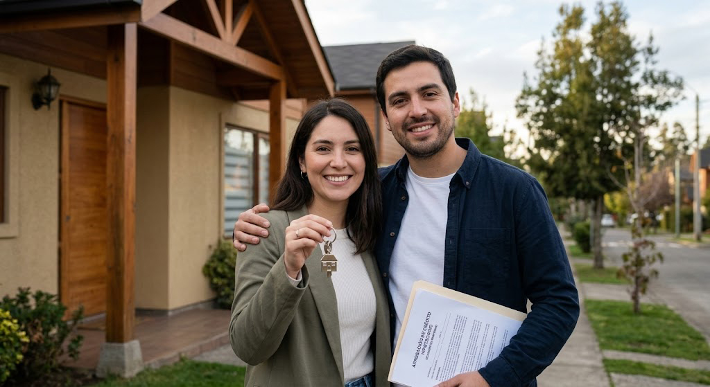 Pareja chilena feliz con las llaves de su casa tras obtener crédito hipotecario